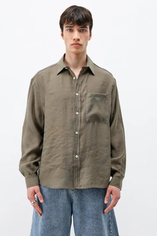 Modal Fabric Oversize Shirt with Pockets, Khaki