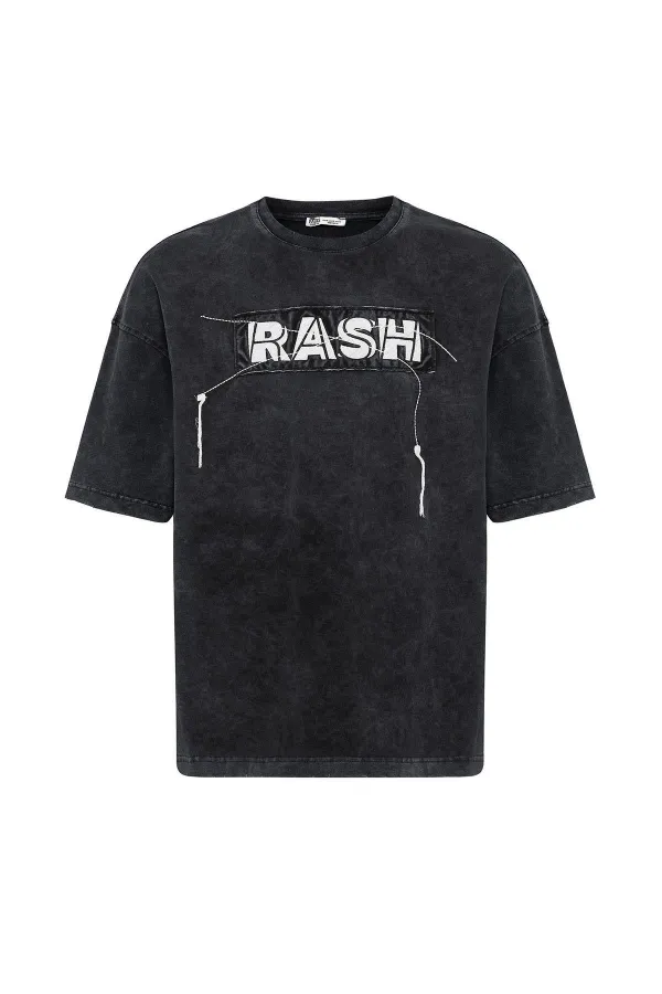 Yıkamalı Oversize Baskılı Tişört Siyah