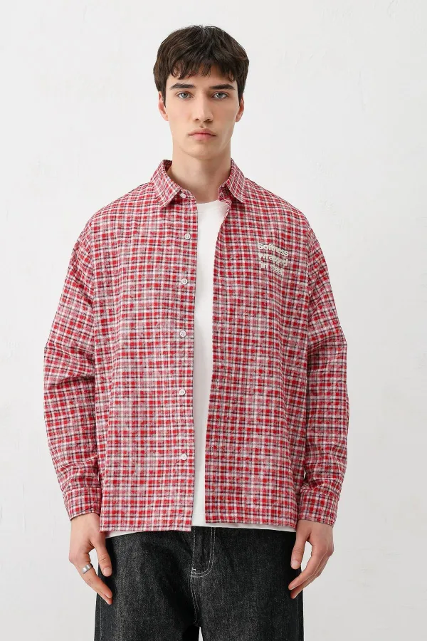 Uzun Kollu Kareli Gömlek Kırmızı