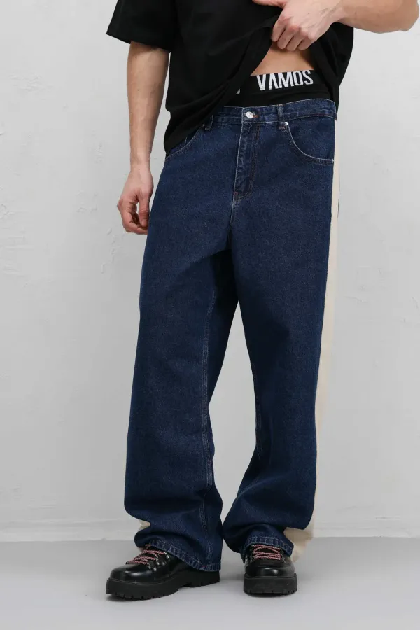 Yan Şeritli Baggy Fit Jean Mavi
