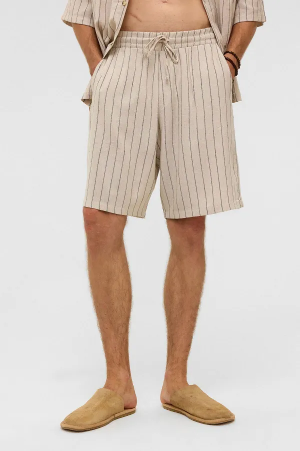Oversize Çizgili Keten Şort Siyah