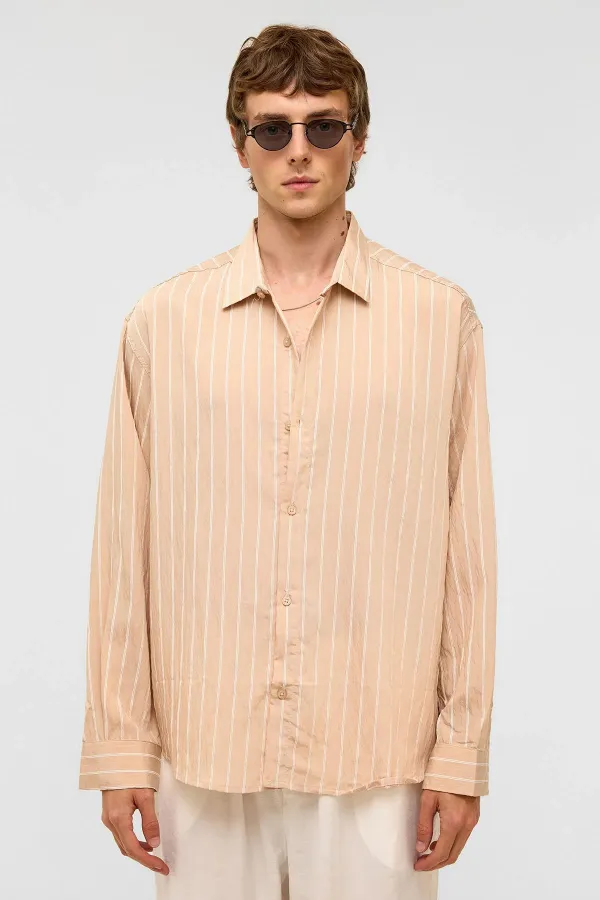 Oversize Çizgili Uzun Kol Gömlek Bej