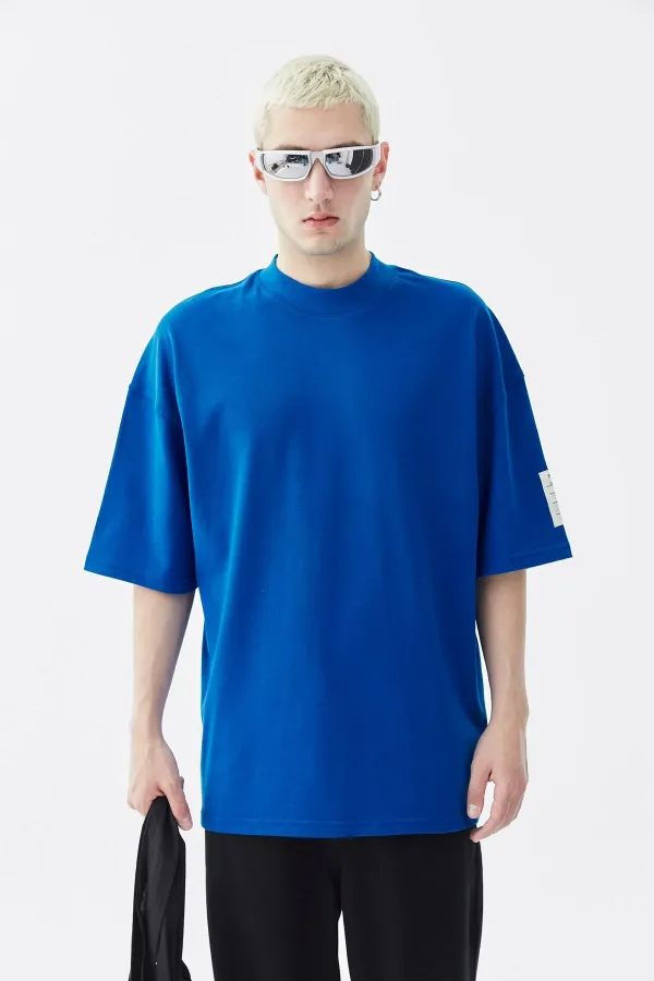 Balıkçı Yaka Etiket Detaylı Oversize Tişört - Açık Füme Saks