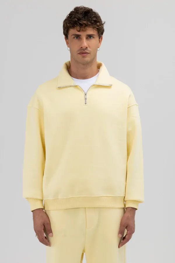 Oversize Zip-Up Stand-Up Collar Sweatshirt Yellow