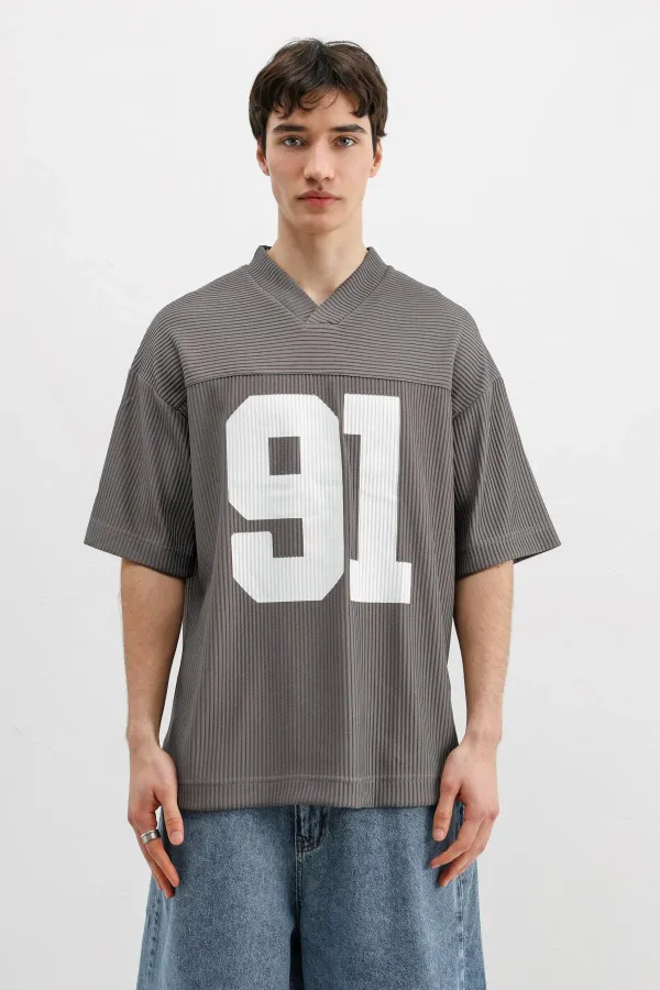 T-shirt oversize en velours côtelé imprimé gris