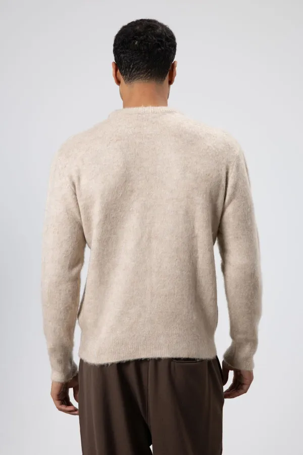 Oversize Yumuşak Dokulu Bisiklet Yaka Kazak Bej