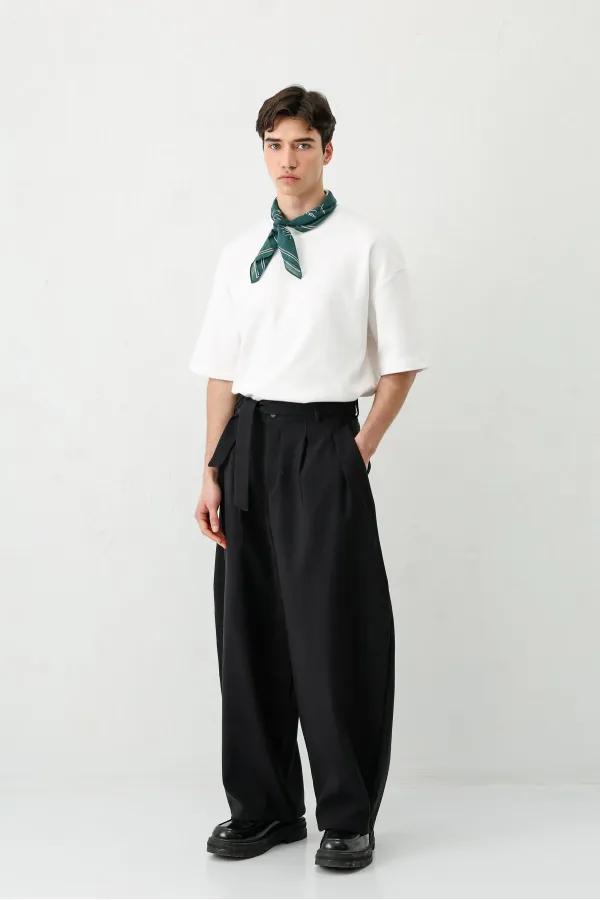 Barrel Fit Tailored Fit Kemerli Pantolon Siyah