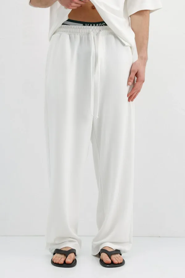 Fitilli Dokulu Baggy Eşofman Alt Ekru