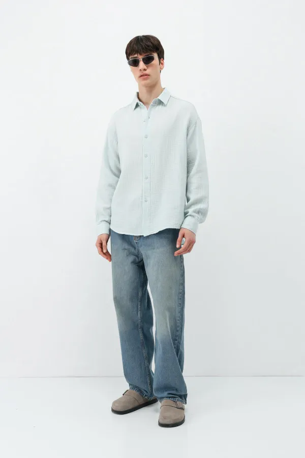 Chemise oversize en coton texturé bleu