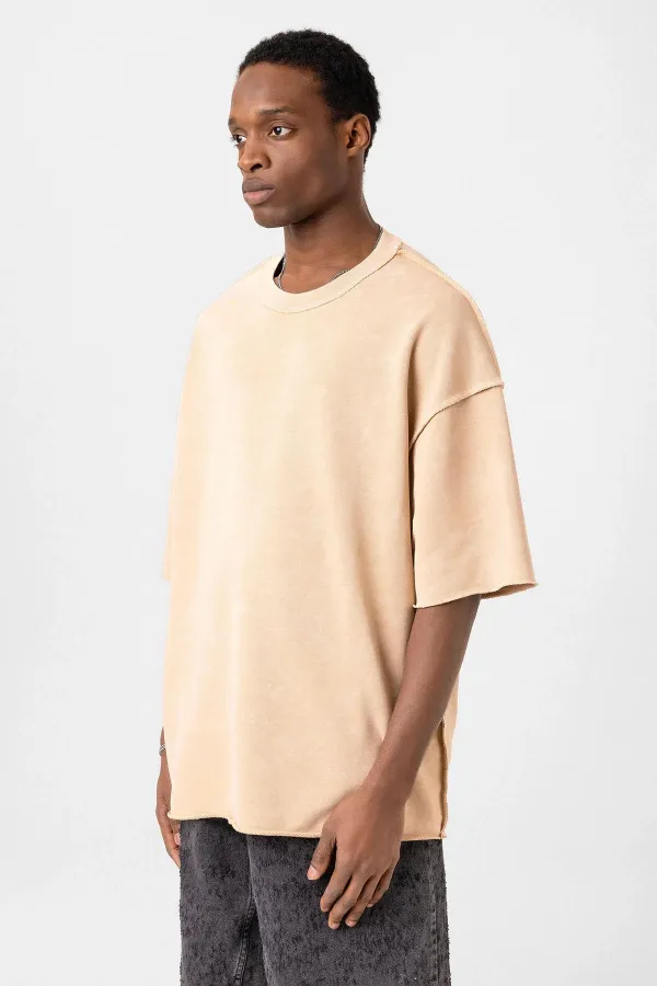 Yıkamalı Oversize Tişört Bej