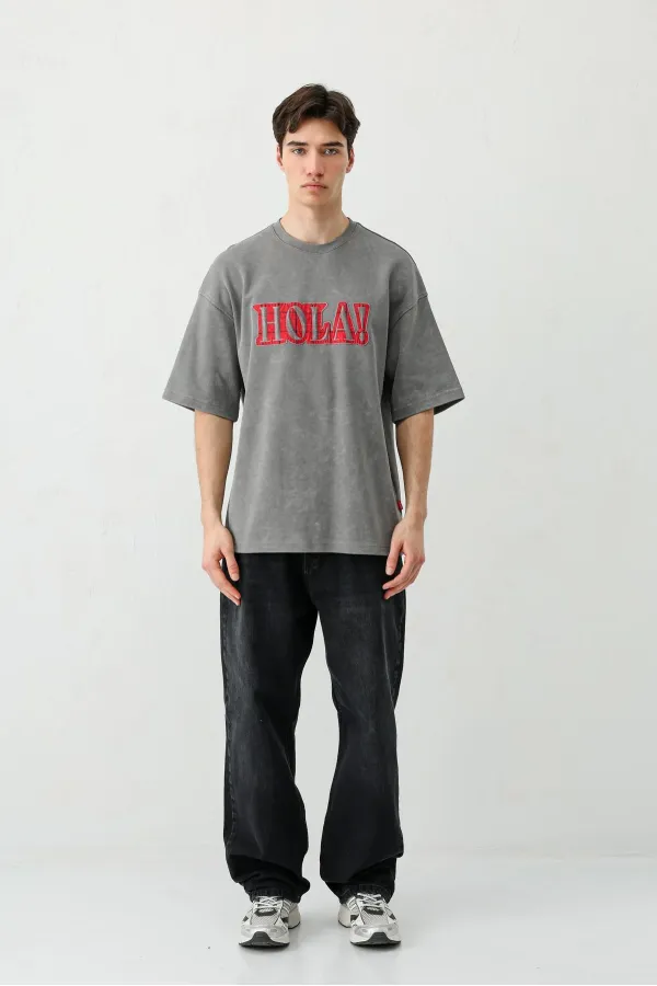 Yıkamalı Baskılı Oversize Tişört Füme