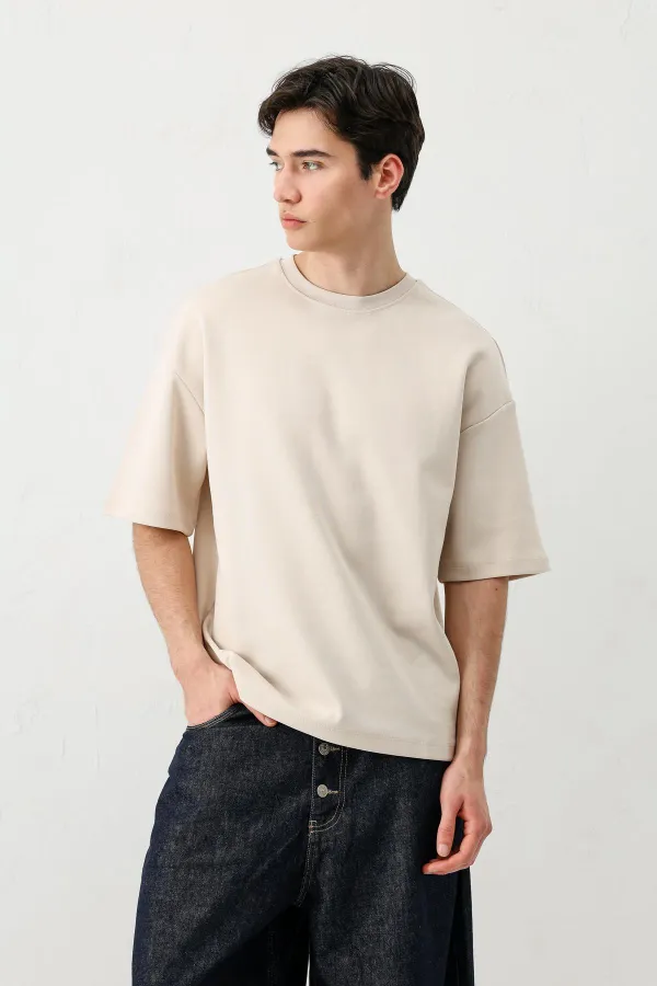 Kısa Kollu Boxy Fit Tişört Taş