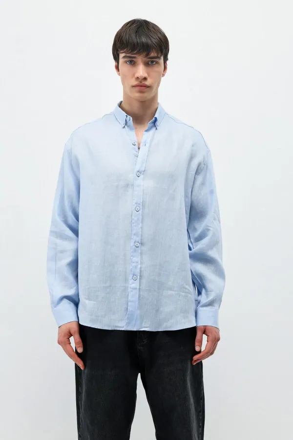 100% Linen Oversize Long-Sleeve Shirt, Baby Blue