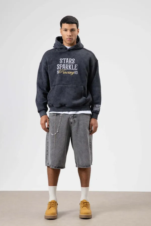 Oversize Nakış Baskılıkapüşonlu Sweatshirt Siyah