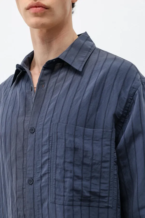 Modal Kumaş Çizgili Oversize Gömlek Lacivert