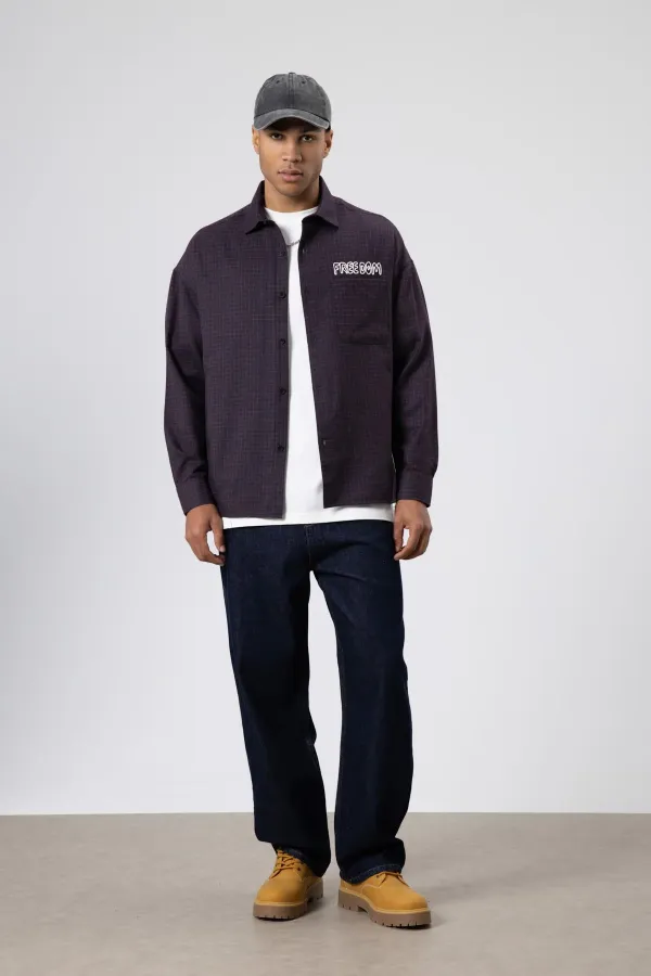 Oversize Baskılı Günlük Kareli Gömlek Bordo