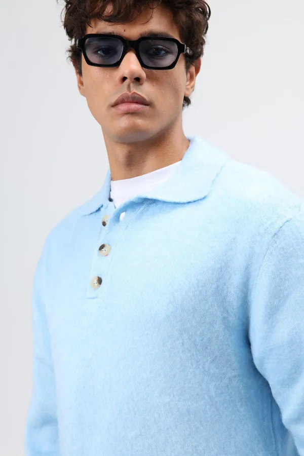 Polo Collar Soft Textured Knit Sweater Baby Blue