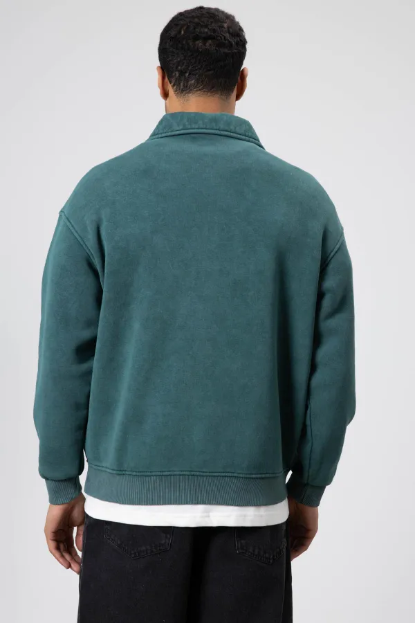Yaka Fermuarlı Oversize Baskılı Sweatshirt Nefti
