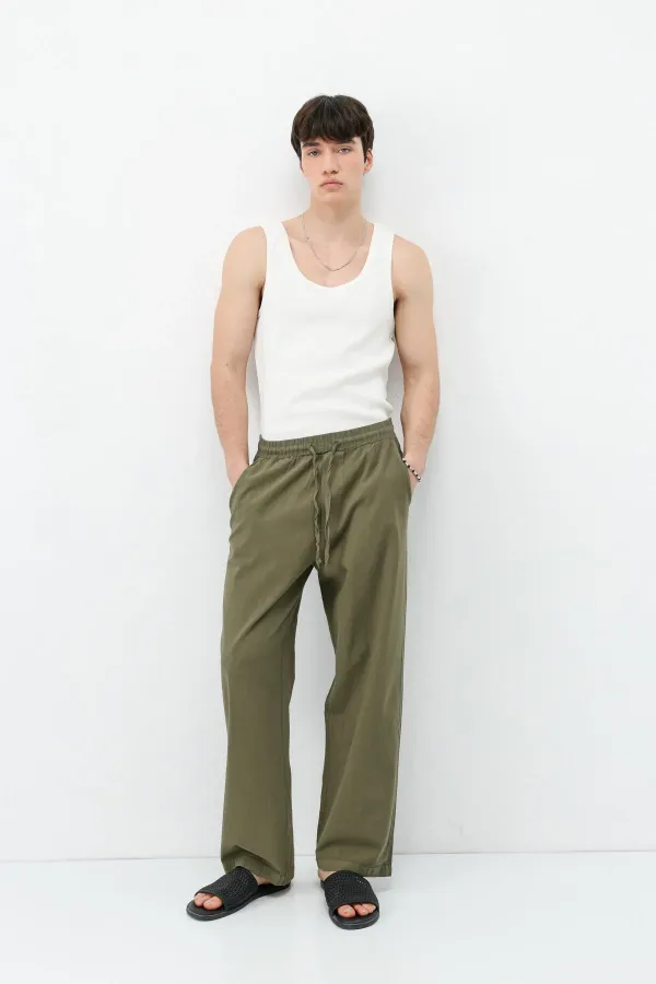 Pantalon ample en lin kaki avec taille élastique