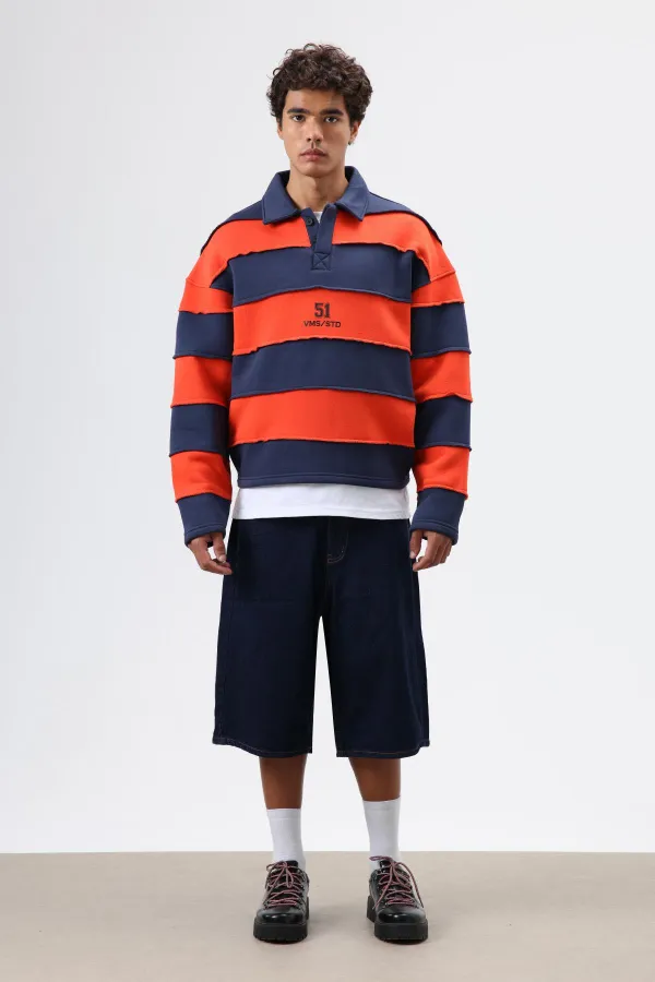 Oversize Şeritli Baskılı Sweatshirt Lacivert