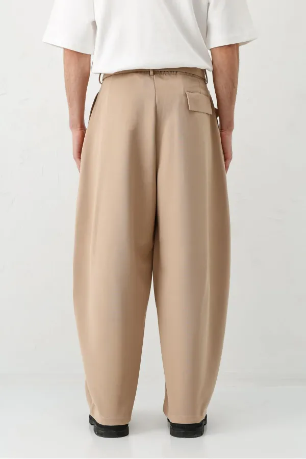 Barrel Fit Tailored Fit Kemerli Pantolon Bej