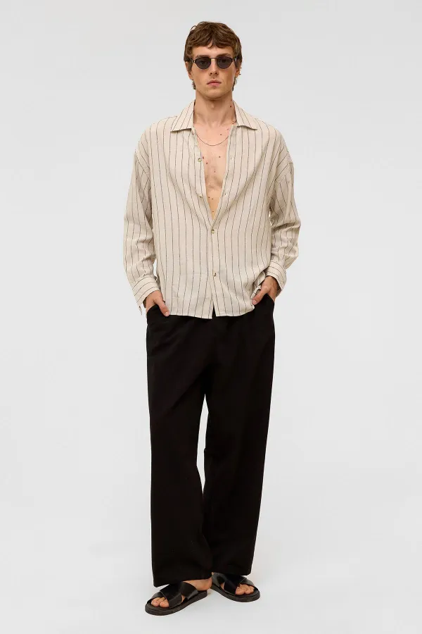 Oversize Uzun Kollu Çizgili Keten Gömlek Siyah
