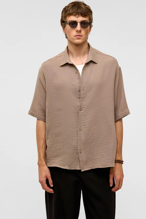 Oversize Kısa Kollu Müslin Kumaş Gömlek Bej