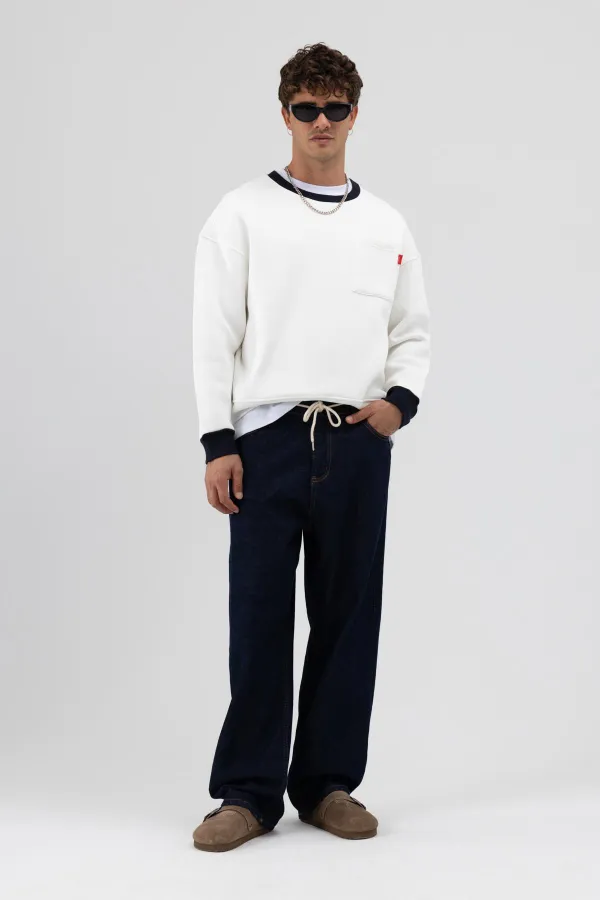 Sweat-shirt oversize à col rond avec poche, écru