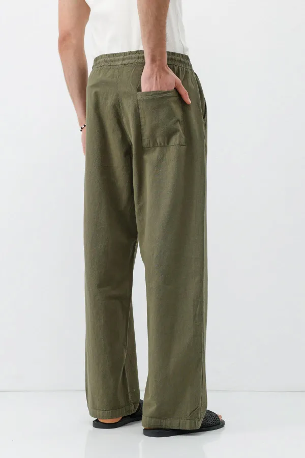 Pantalon ample en lin kaki avec taille élastique
