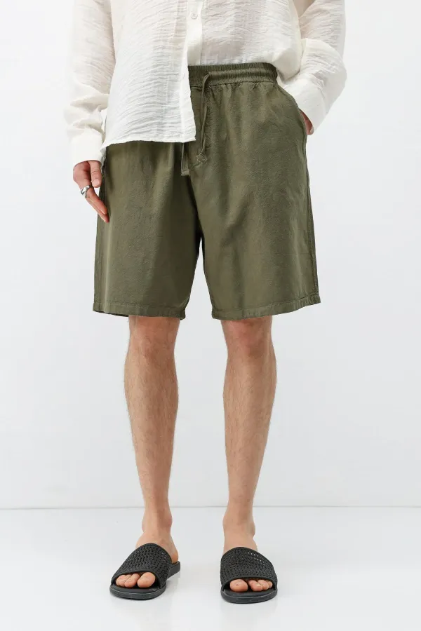 Oversize Keten Şort Haki