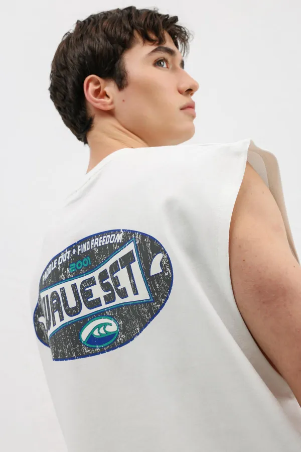 Oversize Baskılı Kolsuz Tişört Beyaz