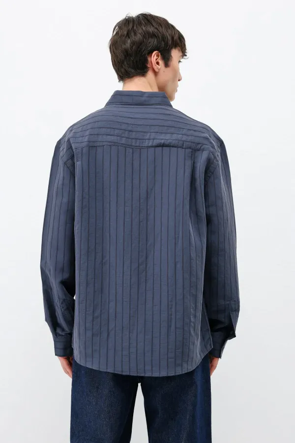 Modal Kumaş Çizgili Oversize Gömlek Lacivert