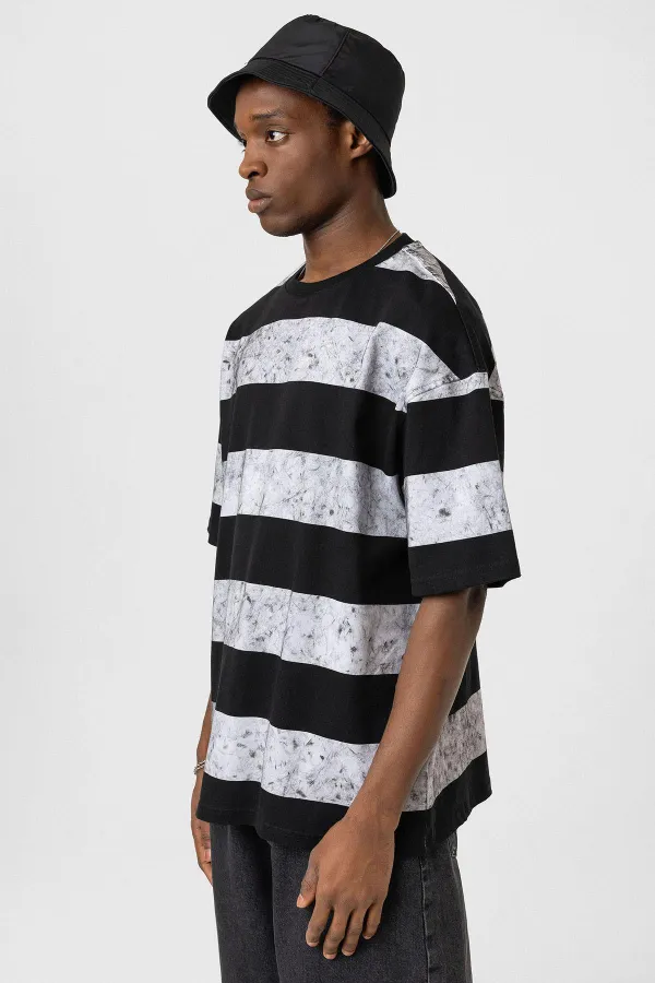Yıkamalı Şeritli Oversize Tişört Siyah - Beyaz
