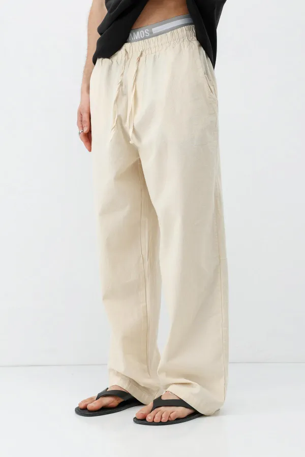 Bel Lastikli Baggy Fit Keten Pantolon Naturel