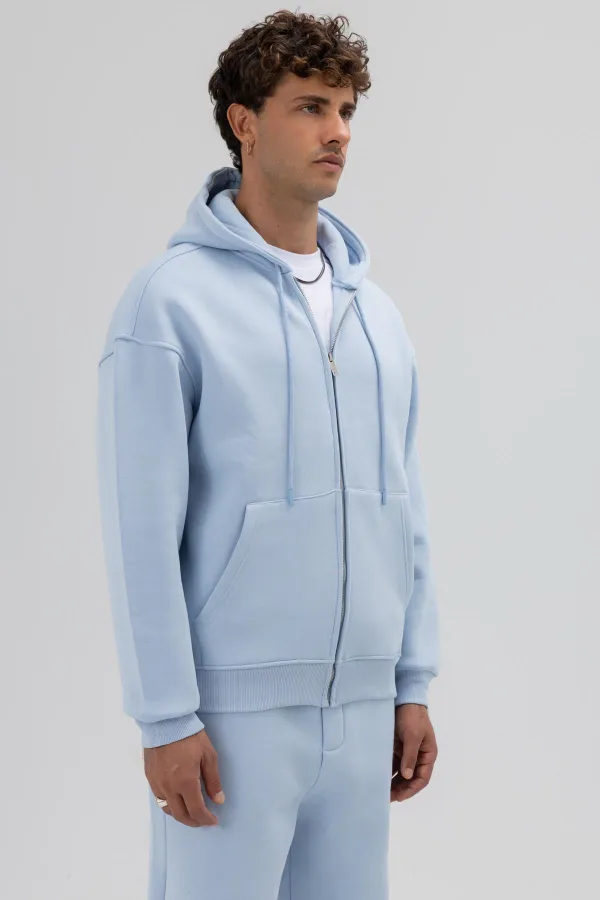 Basic Zip-Up Oversize Hooded Sweatshirt Baby Blue