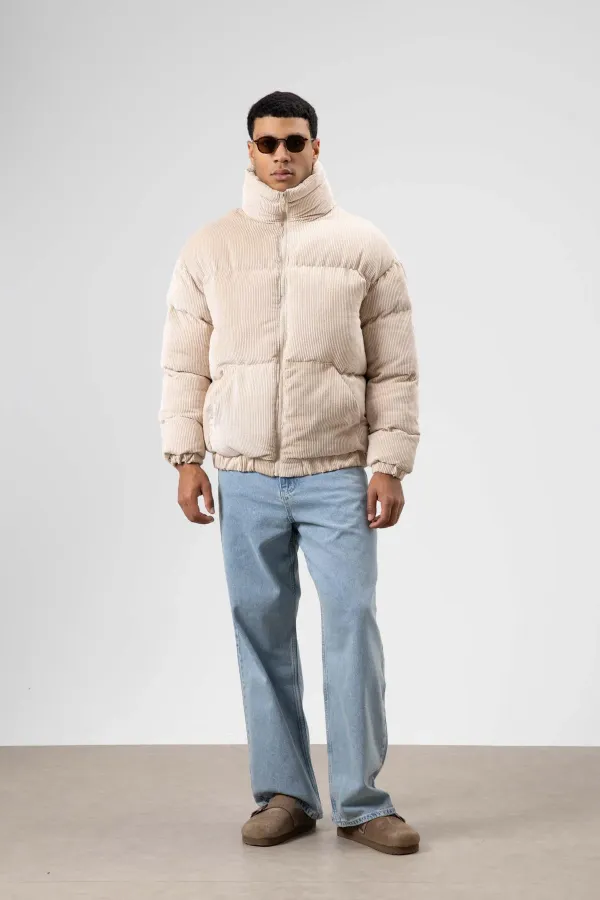 Doudoune oversize en velours couleur pierre