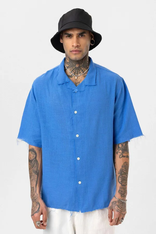 Dikişsiz Kısa Kol Cepsiz Oversize Keten Gömlek Saks