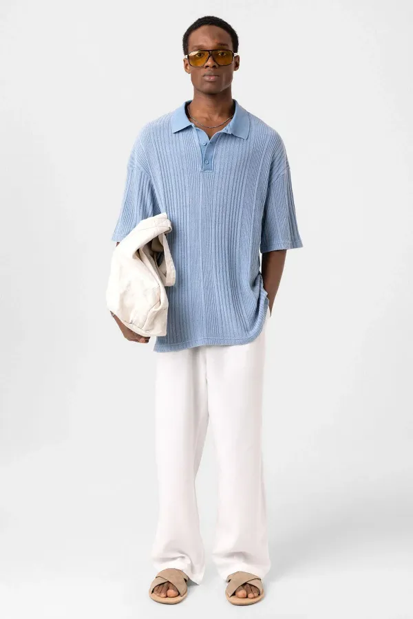 Polo Yaka Oversize Triko Açık Mavi