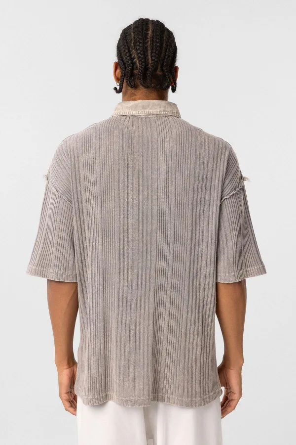 Yıkamalı Oversize Polo Yaka Tişört Taş