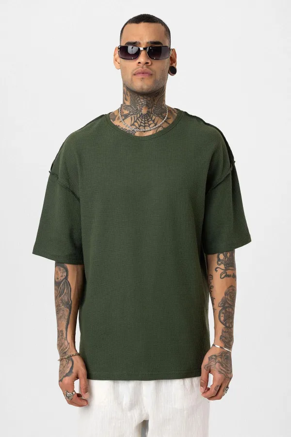 Arka Yazı Baskılı Oversize Triko Tişört Haki