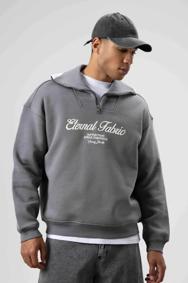 Sweat-shirt oversize à col zippé, gris foncé