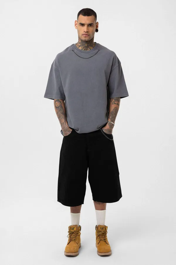 Yıkamalı Zincir Detaylı Oversize Tişört Füme