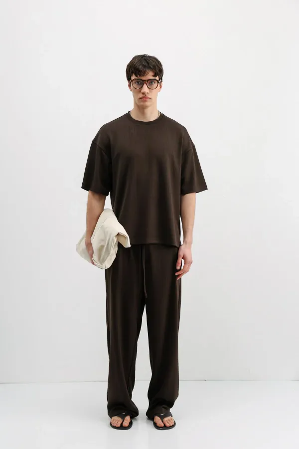 Fitilli Dokulu Baggy Eşofman Alt Koyu Kahve