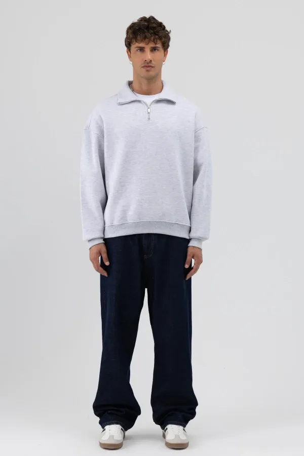 Oversize Fermuarlı Dik Yaka Sweatshirt Karmelanj