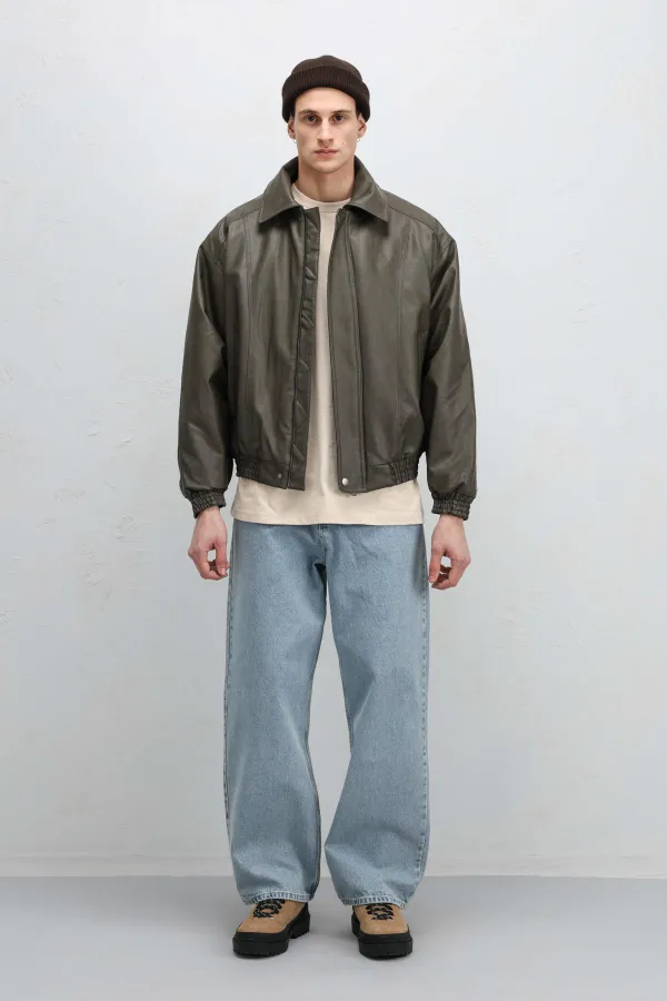 Blouson aviateur oversize en cuir kaki