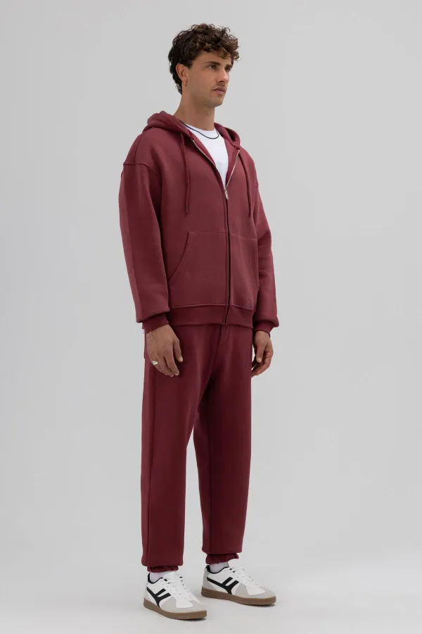 Basic Fermuarlı Oversize Kapüşonlu Sweatshirt Bordo