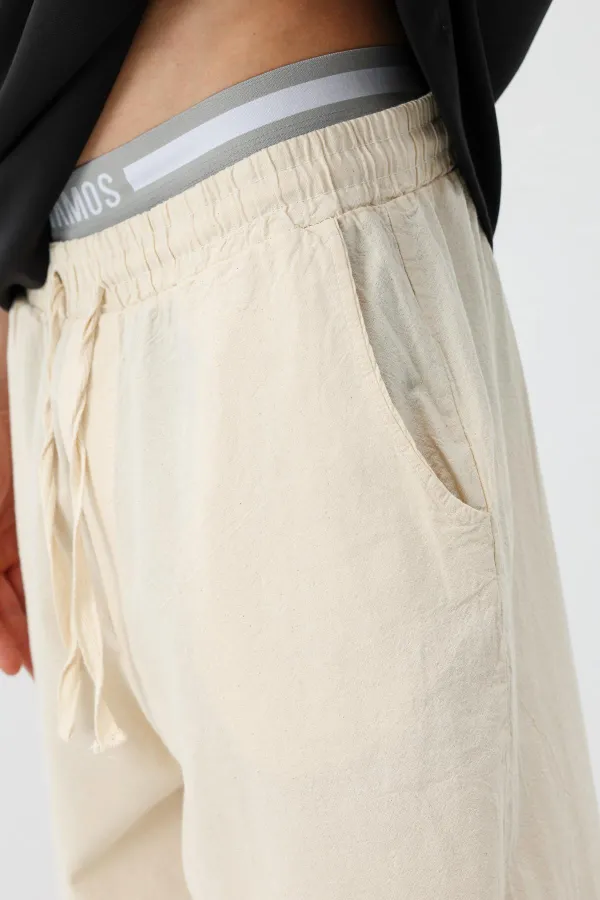 Bel Lastikli Baggy Fit Keten Pantolon Naturel
