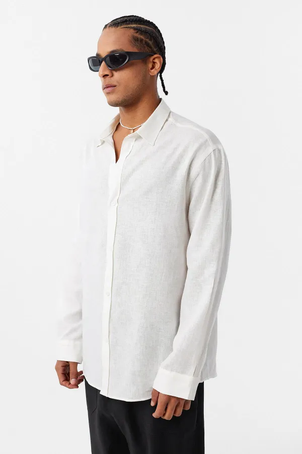 Chemise basique oversize à manches longues en lin, écru