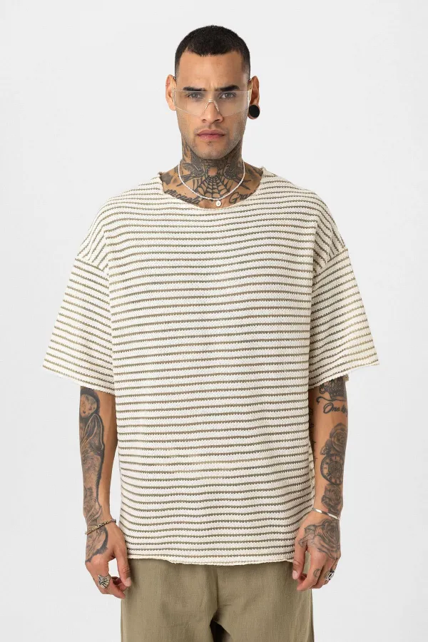 T-shirt rayé oversize en maille kaki