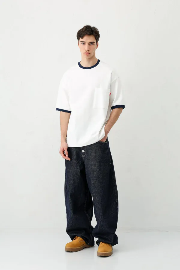 Kısa Kollu Oversize Cepli Tişört Ekru